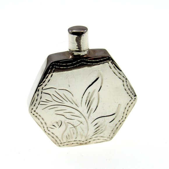 Solid 925 Sterling Silver Etched Floral Hexagon Perfume Bottle with Dip Stick - Picture 4 of 8